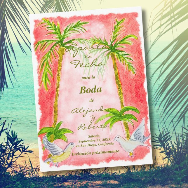 Convites Espanhol, Casamento com Aquarela Tropical Salvar a (Criador carregado)