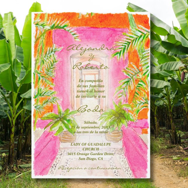 Convites Espanhol, Casamento Mexicano Rosa Tropical Waterco (Criador carregado)