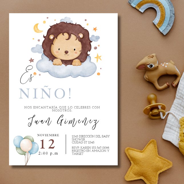 Convites Espanhol Chá de fraldas Leão Qr Code Baby Registry (Spanish Boy Baby Shower Lion Qr Code Baby Registry Invitation)