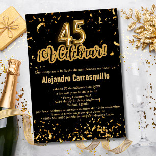 Convites Espanhol Chic Preto e Dourado Confete Aniversário 