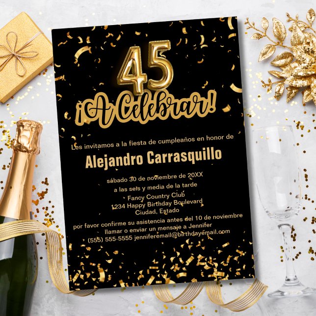 Convites Espanhol Chic Preto e Dourado Confete Aniversário  (Criador carregado)