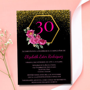 Convites Espanhol Chique Preto Dourado Rosa 30º Aniversário