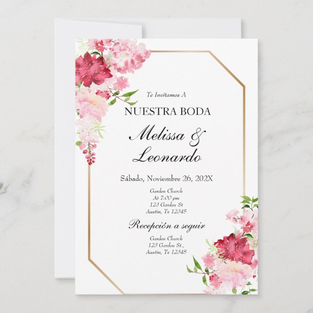 Convites Espanhol de casamento floral, rosa e vermelho (Frente)