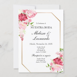 Convites Espanhol de casamento floral, rosa e vermelho
