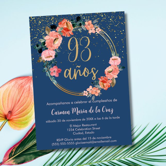 Convites Espanhol Elegante Azul Cor-de-Rosa 93.º Aniversári (Criador carregado)