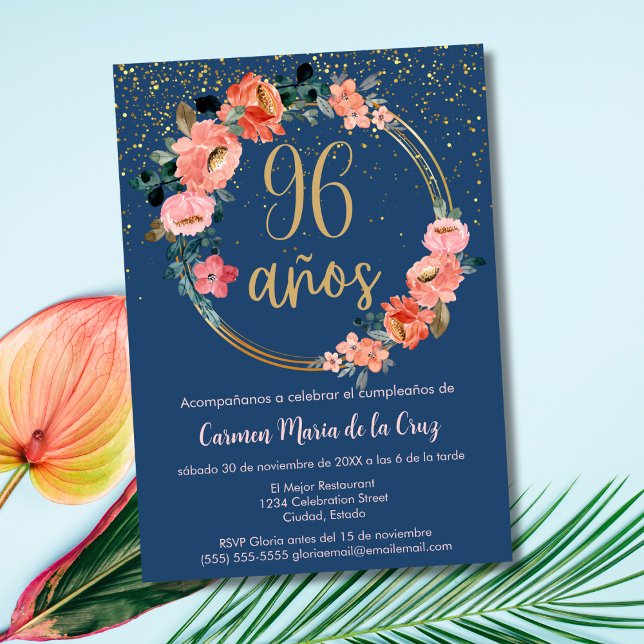 Convites Espanhol Elegante Azul Cor-de-rosa 96.º Aniversári (Criador carregado)