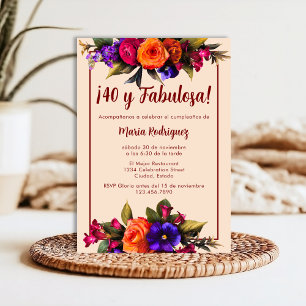 Convites Espanhol Elegante Florals Cream aniversário de 40 