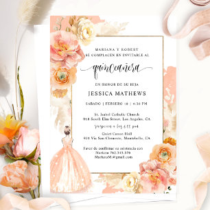 Convites Espanhol, Elegante Peach Floral Quinceañera