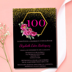Convites Espanhol Encantador Preto Ouro & Rosa 100º Anivers