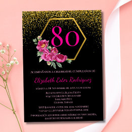 Convites Espanhol Exquisite Black Gold & Pink 80º Aniversár