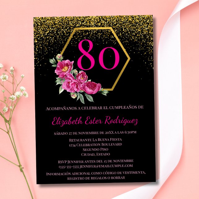 Convites Espanhol Exquisite Black Gold & Pink 80º Aniversár (Criador carregado)
