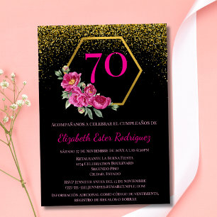 Convites Espanhol Fancy Preto Dourado e Rosa 70º Aniversári