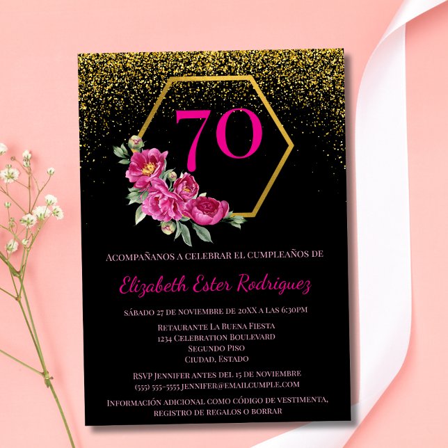 Convites Espanhol Fancy Preto Dourado e Rosa 70º Aniversári (Criador carregado)