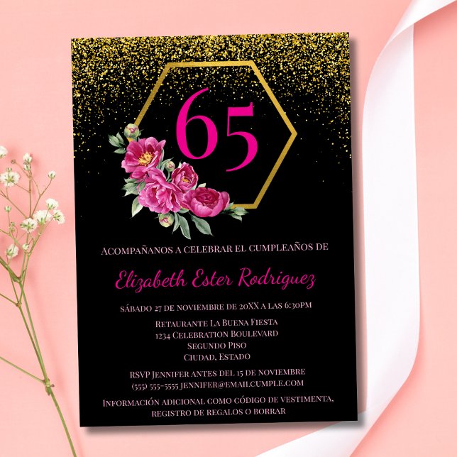 Convites Espanhol Glamouroso Preto Rosa 65º Aniversário (Criador carregado)