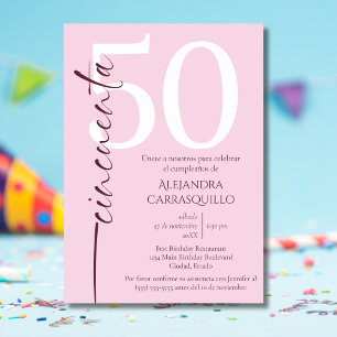 Convites Espanhol Minimalista Rosa Feminino 50º Aniversário