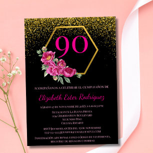 Convites Espanhol Moderno Preto Dourado e Rosa 90º Aniversá