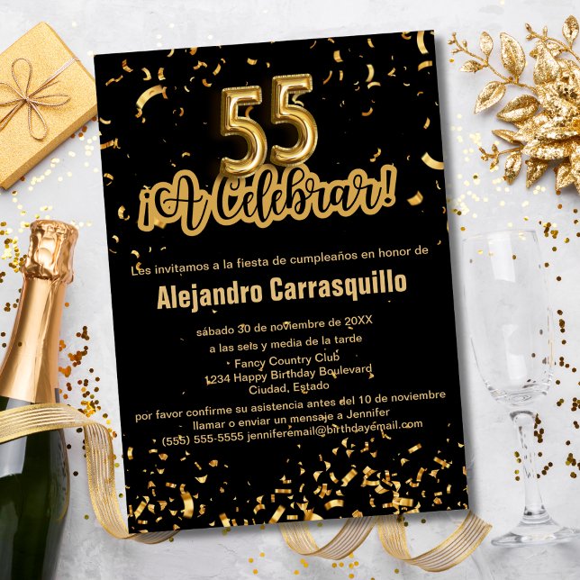 Convites Espanhol Negro e Dourado Confetti 55.o aniversário (Criador carregado)