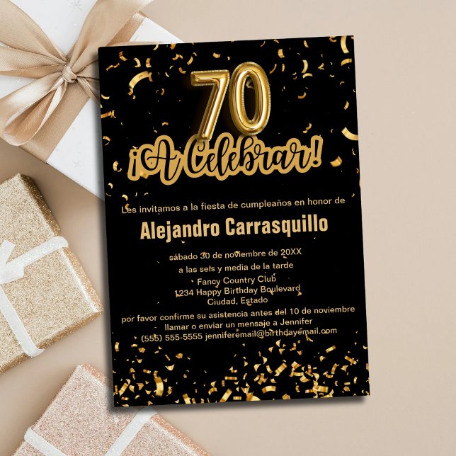 Convites Espanhol Negro e Dourado Confetti 70 de Aniversári (Criador carregado)