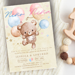 Convites Espanhol Nino o Nina Bear Balão de Gênero Revelaçã