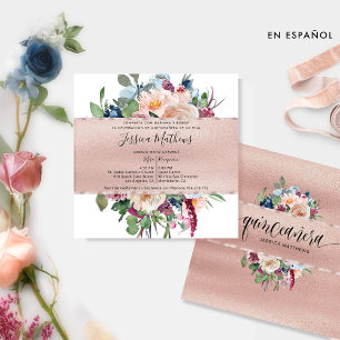 Convites Espanhol, Pastel Floral e Rosa Dourada Quinceañera