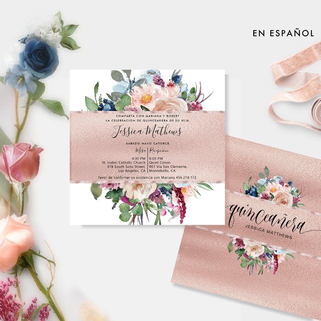 Convites Espanhol, Pastel Floral e Rosa Dourada Quinceañera (Criador carregado)