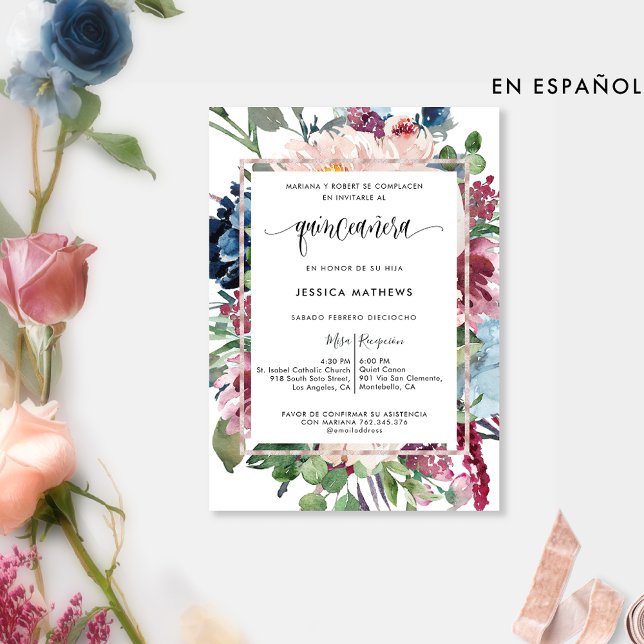 Convites Espanhol, Pastel Floral Quinceañera Elegante (Criador carregado)