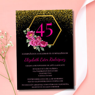 Convites Espanhol Preto e Dourado Únicos Rosa Aniversário d