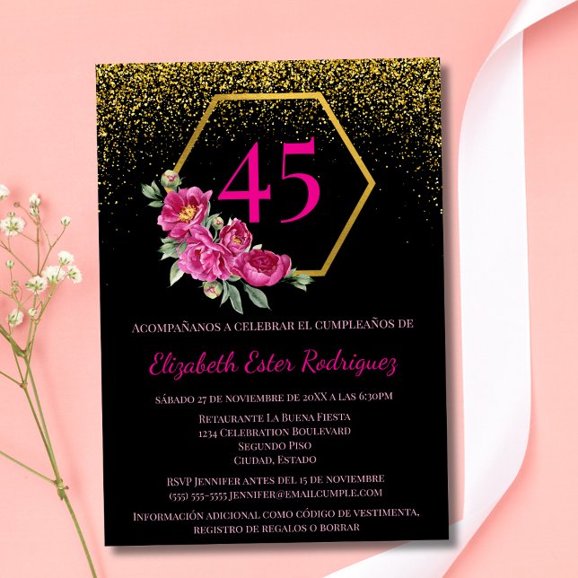 Convites Espanhol Preto e Dourado Únicos Rosa Aniversário d (Criador carregado)