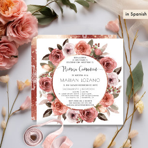 Convites Espanhol, Primeira Comunhão, Floral Rosa Dourado