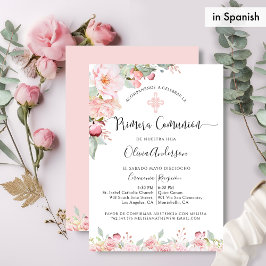 Convites Espanhol, Primeiro Comunhão, Rosa e Mint Floral