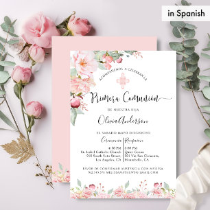 Convites Espanhol, Primeiro Comunhão, Rosa e Mint Floral