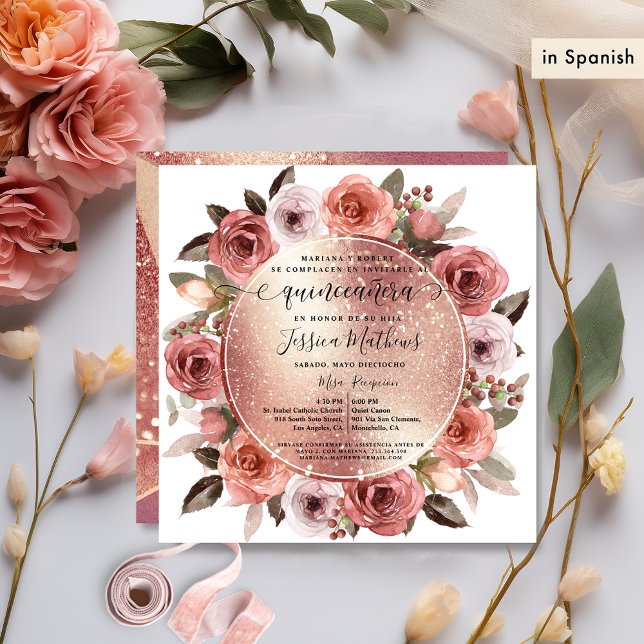 Convites Espanhol, Quinceanera Blush Rosa Floral Dourada Gl (Criador carregado)