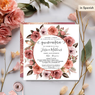 Convites Espanhol, Quinceanera Blush Rosa Floral Dourado Fl