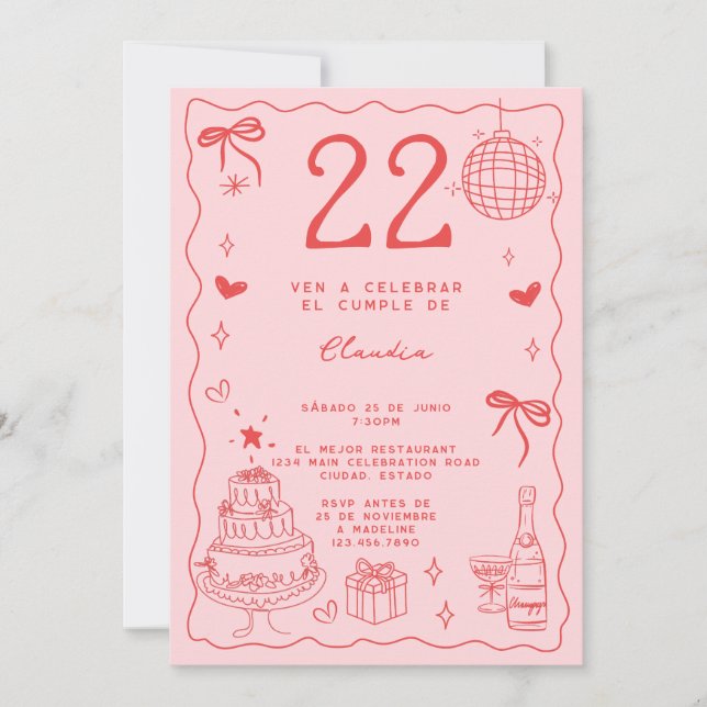 Convites Espanhol Retro Excêntrico Vermelho Rosa 22º Aniver (Frente)