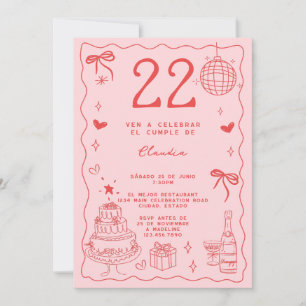 Convites Espanhol Retro Excêntrico Vermelho Rosa 22º Aniver