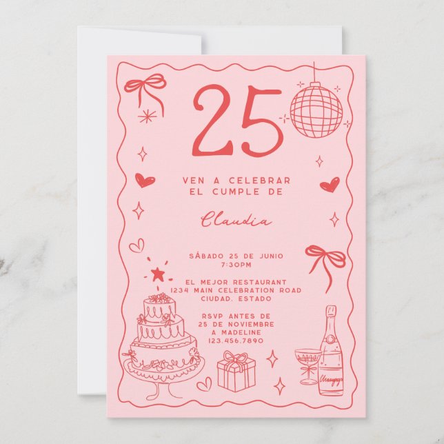 Convites Espanhol Retro Excêntrico Vermelho Rosa 25º Aniver (Frente)
