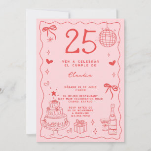 Convites Espanhol Retro Excêntrico Vermelho Rosa 25º Aniver