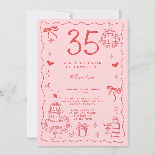 Convites Espanhol Retrô Excêntrico Vermelho Rosa 35º Aniver (Frente)