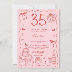Convites Espanhol Retrô Excêntrico Vermelho Rosa 35º Aniver