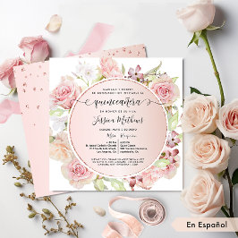 Convites Espanhol, Rosa, Esbranquiçado, Quinceanera Floral 