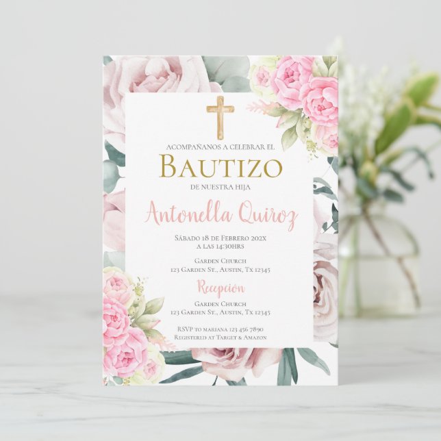 Convites Espanhol Rosa Florm Baptism Girl (Em pé/Frente)