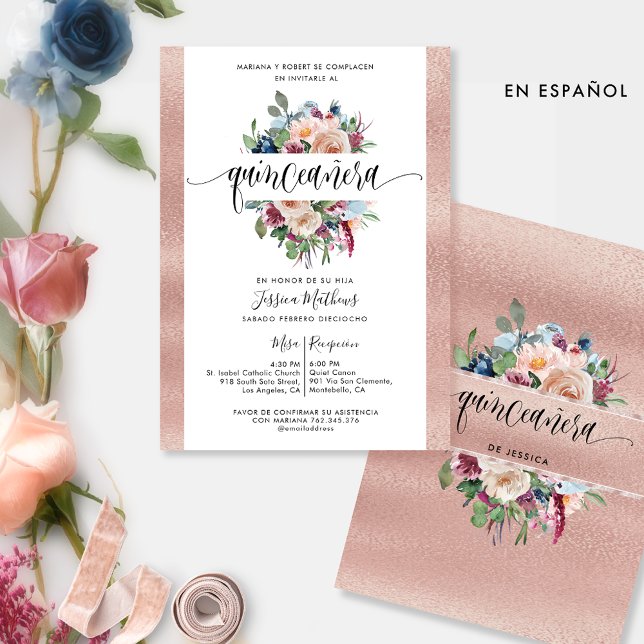 Convites Espanhol, Rosa, Pastel Floral Quinceañera Inv (Criador carregado)