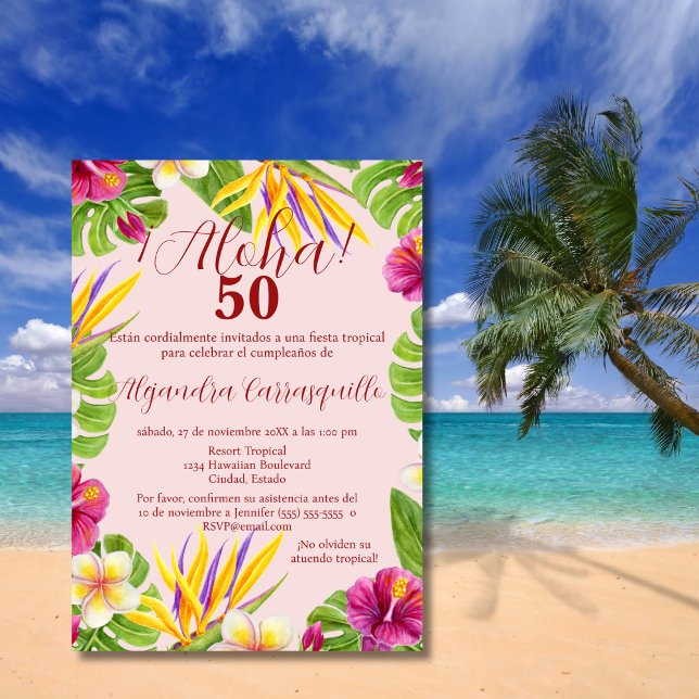 Convites Espanhol-rosa-rosa Aloha Tropical 50º Aniversário (Criador carregado)