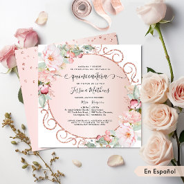 Convites Espanhol, Rosa, Rosa, Dourado, Quinceanera Floral 