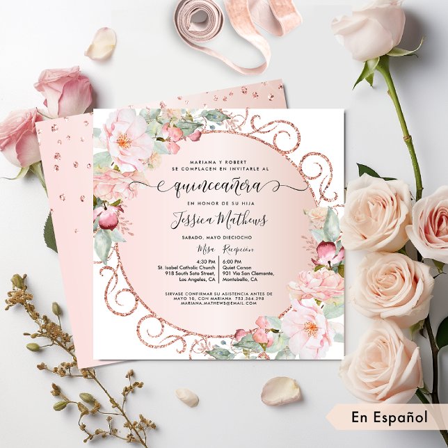 Convites Espanhol, Rosa, Rosa, Dourado, Quinceanera Floral  (Criador carregado)