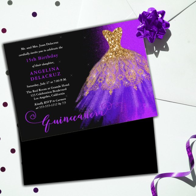 Convites Espanhol Roxo Elegante Quinceañera (Criador carregado)