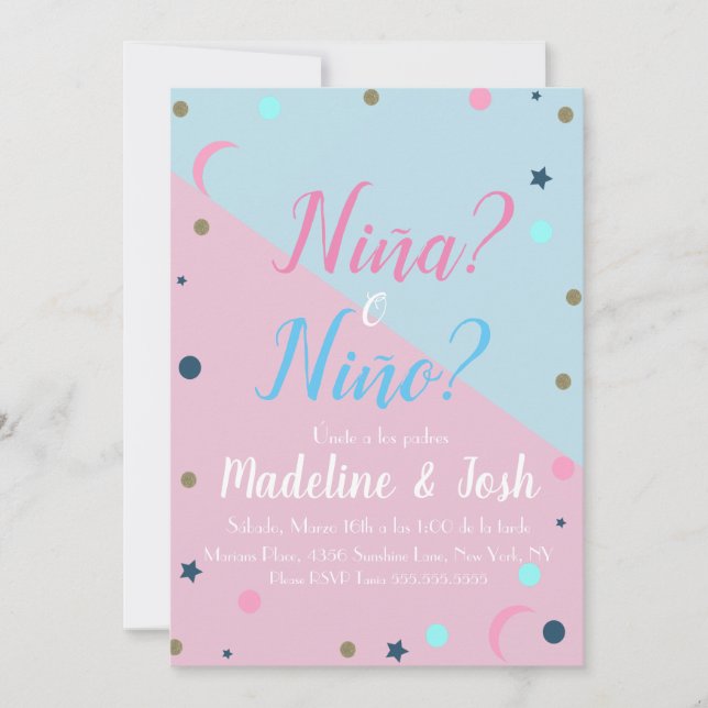 Convites Espanhol Sexo Revela Garoto ou Garota Estrelas Lua (Frente)