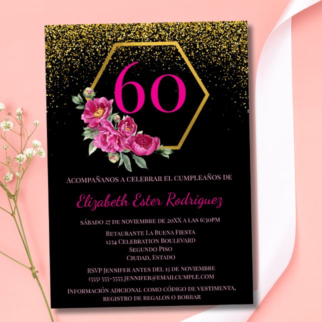 Convites Espanhol Sofisticado Preto Rosa 60º Aniversário (Criador carregado)