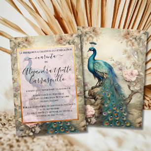 Convites Espanhol Vintage Pavão Elegante 40º Aniversário