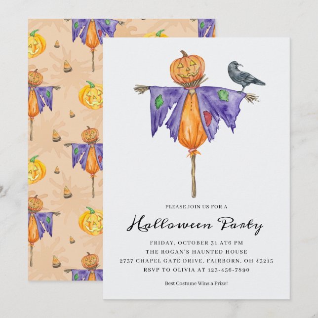 Convites Espantalho de Halloween com Festa de Abóbora (Frente/Verso)